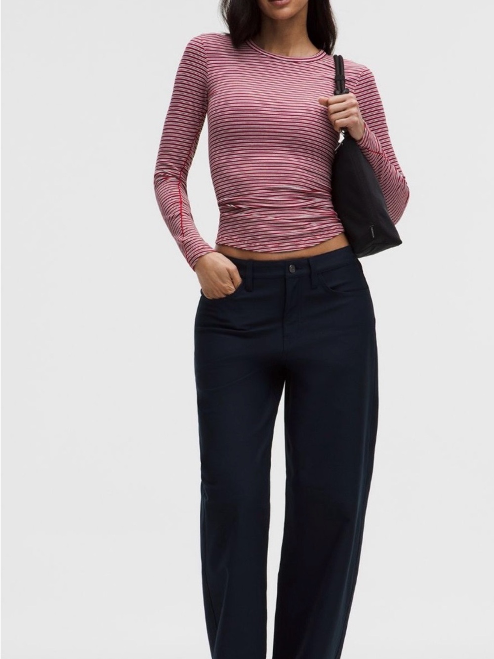 Striped Long Sleeve Crewneck Top in Pink and Black